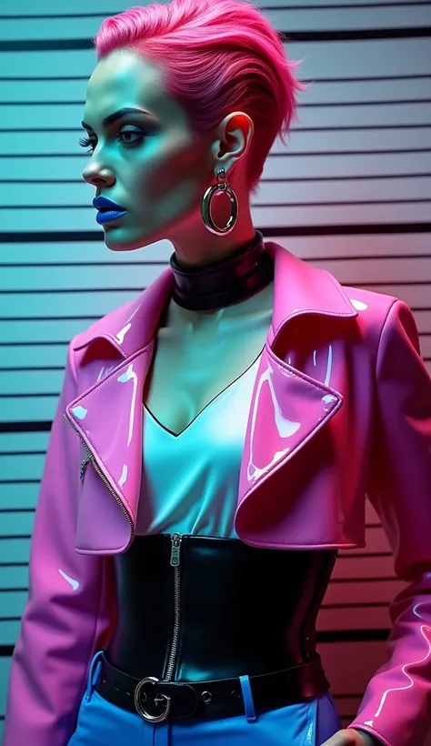 angelina jolie, vue de profil, latex brillant, dominatrice, chemisier en latex blanc, serre taille latex noir, costume pantalon en latex bleu, ceinture latex noir, futuriste veste courte en latex rose fluo, larges épaulettes en latex rose fluo, cuissardes ...