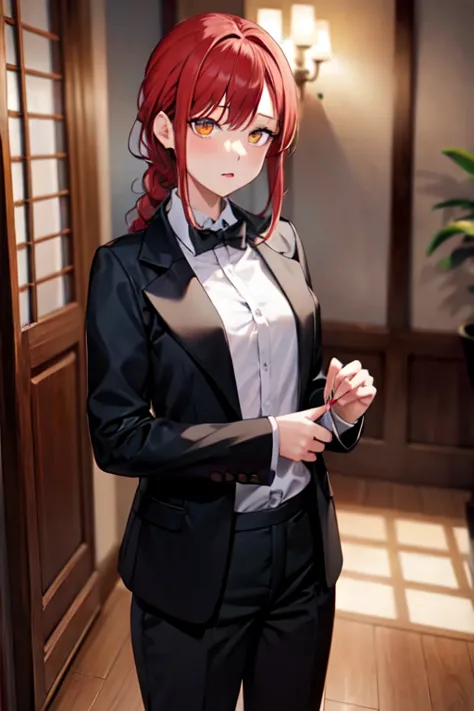 (best quality)、(best quality)、hand、expressionless、strong redhead 、suit、 braiding、 black tuxedo、envy