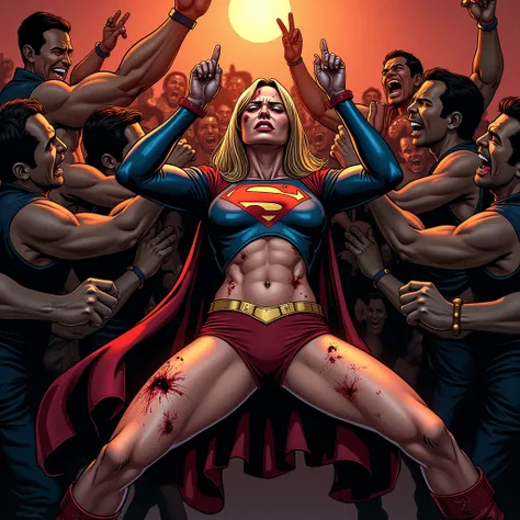  Supergirl is attacked by a horde of men。 shes been bitten by a horde of men 。 she is hurt 。 shes been bitten by a bunch of men 。She has an expression of agony 。 SHE HER HER HER Hands Restrained Over Her Head。She has her legs spread。She can&#39;t escape。Sh...