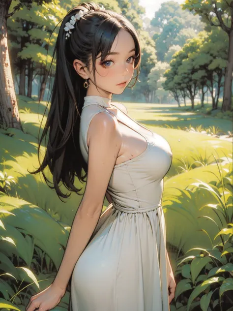 (masterpiece, best quality),  1 girl(athena_asamiya),  cute dress ,   long black hair,  at dawn, beautiful outdoor background , ...