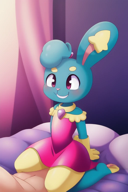 mimirol 　 pokémon, rabbit girl, s,bed background, princess dress,smile,human male,have sex in cowgirl position