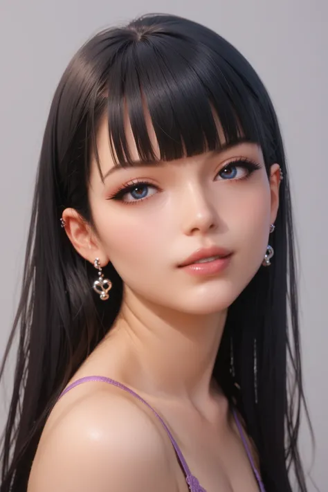 1girl, emo style, realistic, white skin, skin soft and smooth, black hair, long hair with bangs, long eyelashes, purple eyeliner...