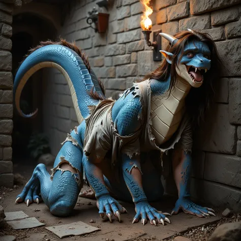 female chained to prison wall, blue scales in places, transformation into a dragon, mid transformation, brown hair, animal face,...