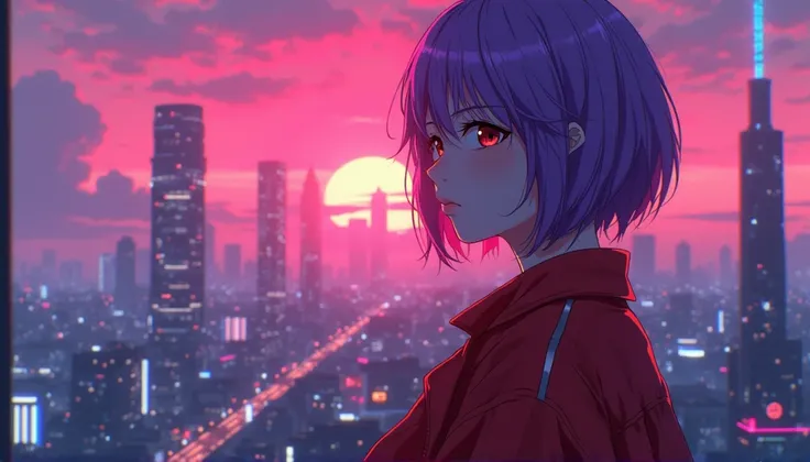 Close-up of the city with neon sunset in the background, Synthwave City, vaporwave city, Synthwave aesthetics, Neon City in the background, Background of Neo Tokyo, Neon metropolis in the background, Futuristic urban background, cyberpunk aesthetics, The c...