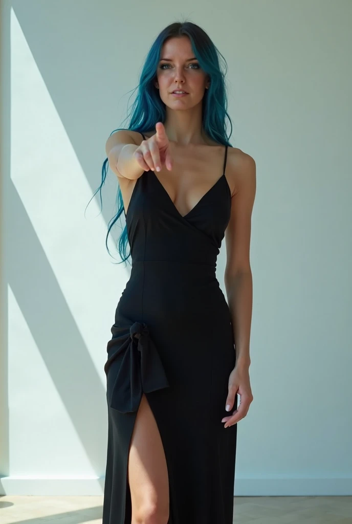 Super hot female model , Stand with a black elegant dress which is open at the sides so that you can show off your beautiful legs in a large bright room and points at the viewer. She has long blue hair