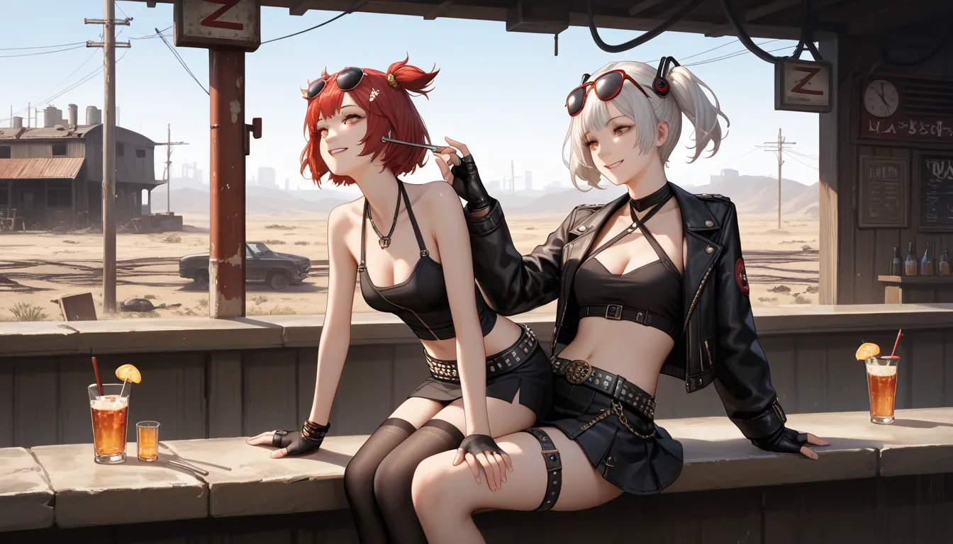 1girl,one,_zzz,  short hair,  short double tails,   hair ornament ,  bare chest ,  sunglasses , on the head ,  outdoor bar ,  ba...