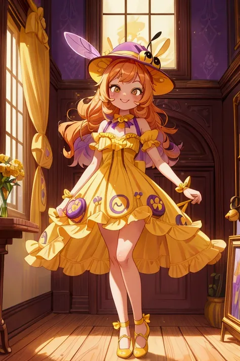 (masterpiece, best quality) standing, indoor, intricate detail, sunlight, yellow and purple frilly dress, purple and yellow shoes, orange hair, cute bee hat, brown dark eyes, smiley face, sexy pose, coquette, gorgeous legs, mature teenager body, lovely, go...