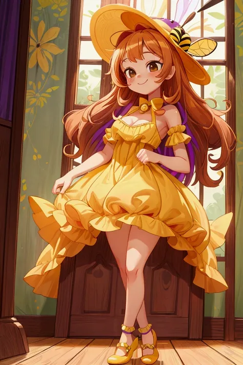 (masterpiece, best quality) standing, indoor, intricate detail, sunlight, yellow and purple frilly dress, purple and yellow shoes, orange hair, cute bee hat, brown dark eyes, smiley face, sexy pose, coquette, gorgeous legs, mature teenager body, lovely, go...