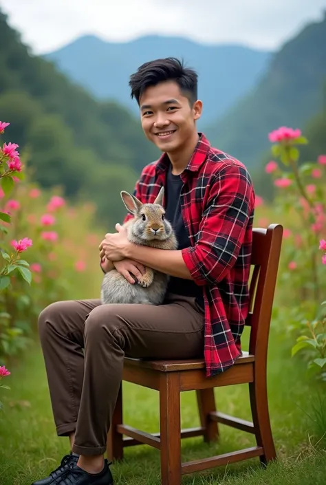 Stunning 8k portrait photo of a handsome Indonesian man, very short black hair, red plaid shirt brown pants , black shoes,  he sits on a wooden chair carrying a rabbit ,  and smiling against landscape background in mountains lots of green grass and bougain...