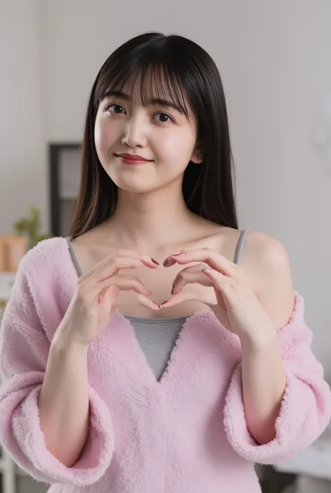 Only one woman with a cute smile wears cute, fluffy off-shoulder pajamas, makes a big heart shape with both hands, and poses them in front of her chest, View above collarbone、The background is a monotone 

