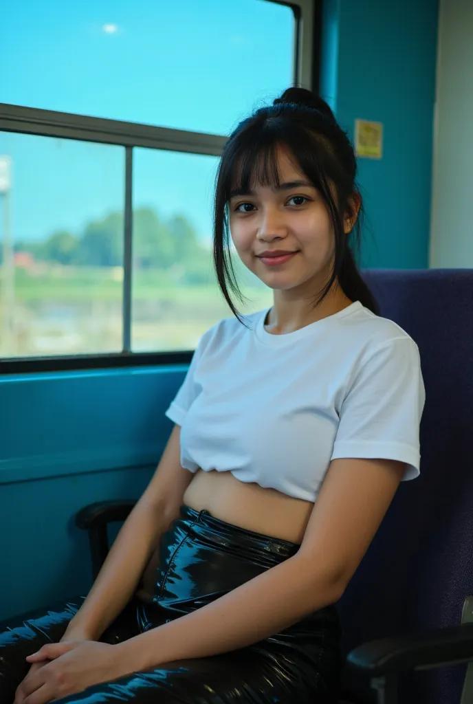 above angle view, a bright and vibrant photo indian girl, indian theme, indian local train, , increase highlight and blueish col...