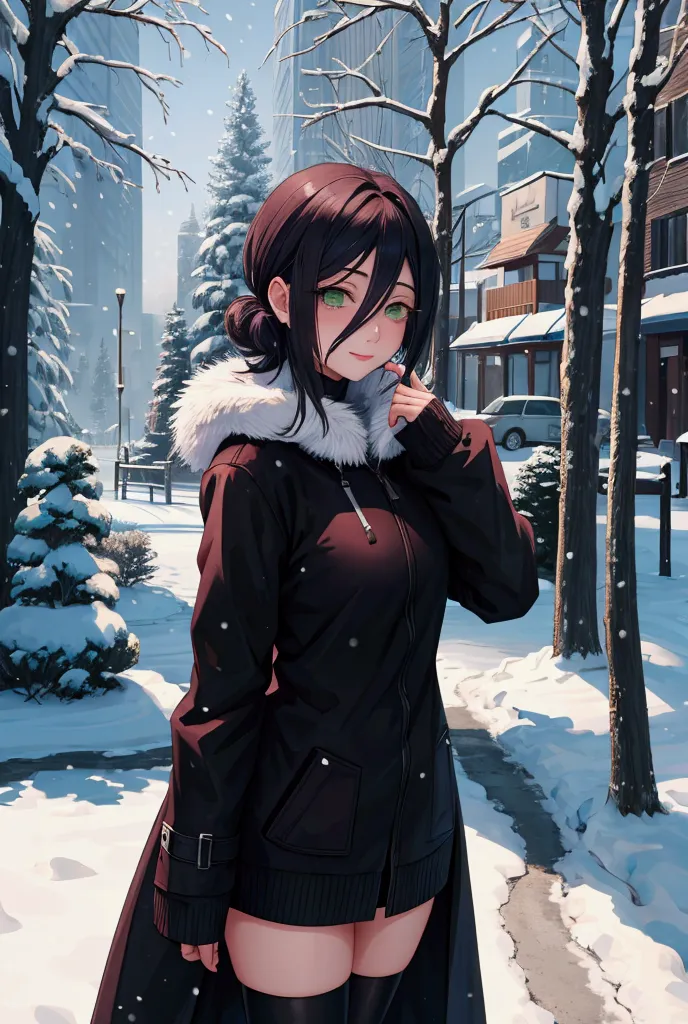 reze,reze.from chainsaw man, girl, snow fall, heavy snow fall, winter open zip black colour sweater, white stockings, looking at...