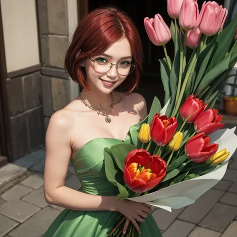 short,  red hair,  green eyes ,  metal-frame glasses ,  green strapless dress, bouquet of tulips, smiling girl.