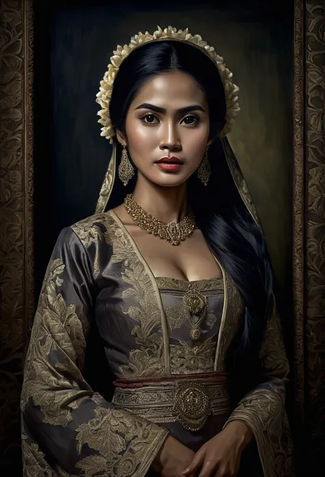 a classic javanese woman in a period oil painting, long dark hair, detailed kebaya dress, horror tone, antique frame, dark backg...