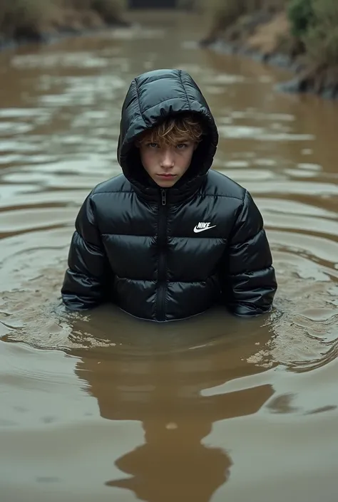 A teenager in a shiny black Nike down jacket in liquid mud 