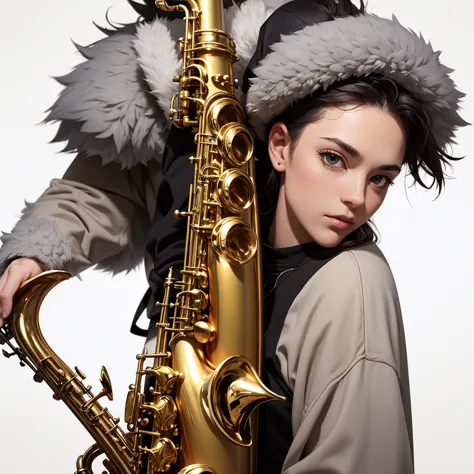 logo, manula pallas head, gray fur, the saxophone , white background