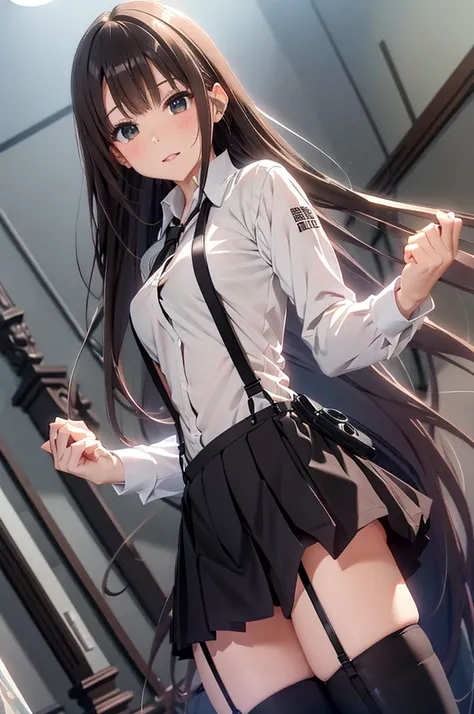 Brown hair、watching at viewers　　　black suspenders　　　Bulging big breasts　　 　 　　　walls: 　Black miniskirt　garters　　　　　　Gaze　　　Small face　bangss 　　　holster　　　Beautuful Women　　hands up　　レッグholster ベッドに横たわる　　Gaze 　black boots panty shot　provocation　flank　flank汗　...