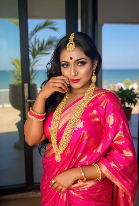 This vibrant photograph features a woman with a rich, deep skin tone, possibly of South Asian descent, posing outdoors in a setting that suggests a beach or coastal location. She is wearing a striking outfit; a bright red, silk sari adorned with intricate,...