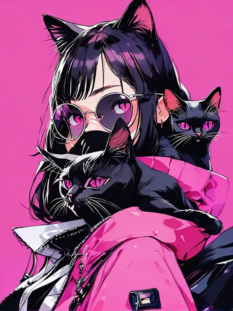 anime girl with black cat on a pink background ,  portrait of a goth girl in the shape of a cat, catwoman,  anime style illustra...