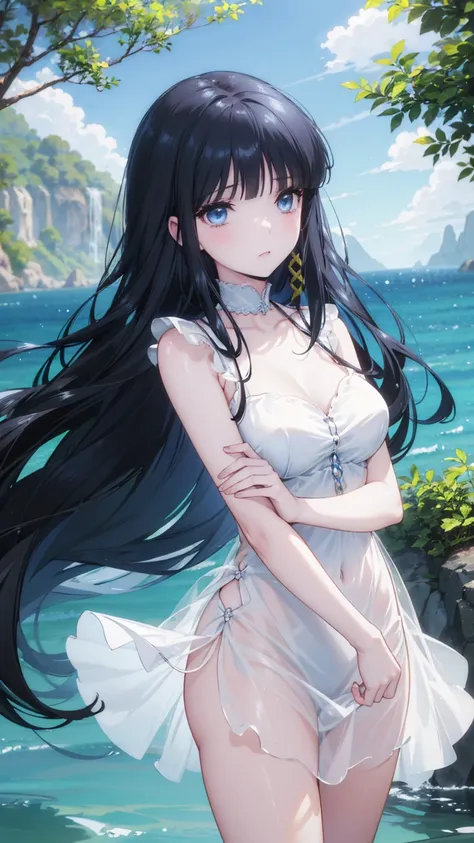 a charming woman standing alone in the blue sky lush greenery and serene waterscapes on ， her long, shiny black hair cascaded do...