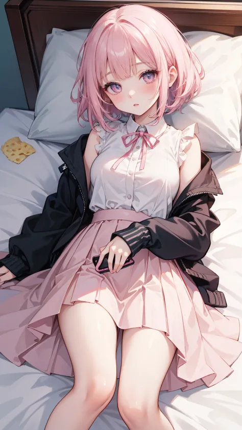 a girl lying on the bed ， pink short hair，with bangs ，  her lower body is wearing a brown pleated skirt  。 she has medium hair  ...