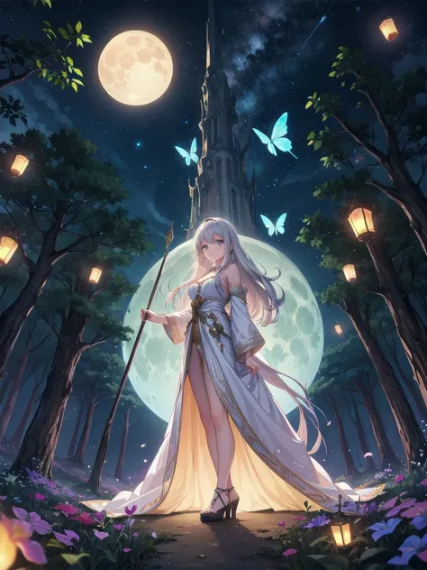 Ultra-high-resolution, magical atmosphere, vibrant colors, dynamic lighting.
BREAK
Girl with long silver hair, emerald eyes, in gown of leaves and flowers. Standing on giant tree branch over mystical forest with floating lanterns, glowing butterflies. Fant...