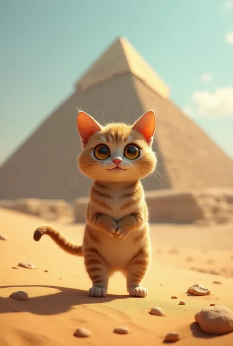  a cat standing facing forward with its forelegs raised。
Large eyes and a cute, human-like expression。The head is slightly larger than the body。The limbs are short。
Stand on two legs。 traveling through the desert in Egypt 。
The background is a desert and a...