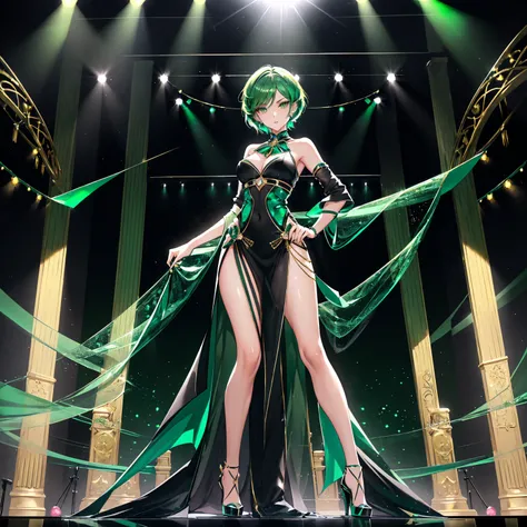 masterpiece, best quality, 1girl, solo, beautiful detailed eyes, detailed face, fantasy idol, intellectual beauty,
(emerald green short hair:1.2), straight hair, elegant hairstyle, sophisticated appearance,
(modern sleek dress:1.2), (emerald green and blac...