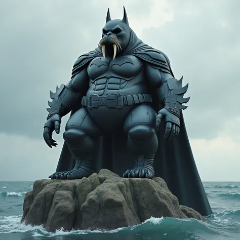 Create a 3D image, on a sea rock, of a walrus of Batman, the walruss body is huge and completely covered in Batmans iconic dress, composed of materials