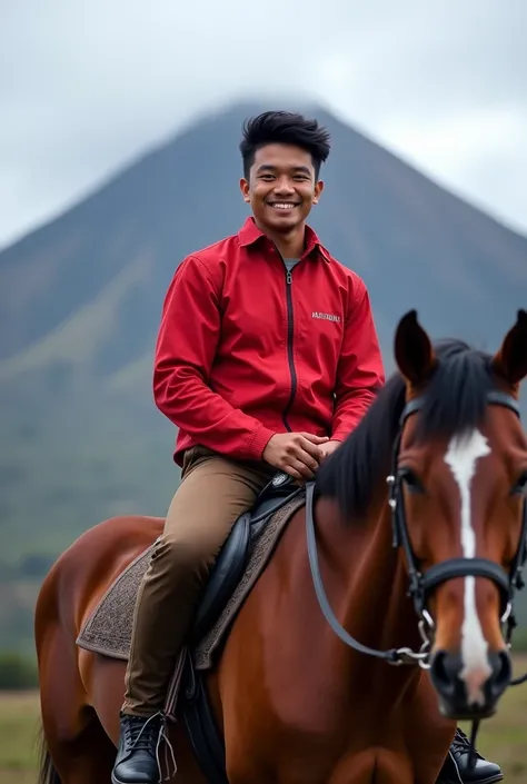  Amazing 8k portrait photo of a handsome young indonesian ,  very short black hair , red jacket brown pants , black shoes,  he is riding a horse of brown color and smiling against landscape background on mountain bromo, face looking at camera. sudut pandan...