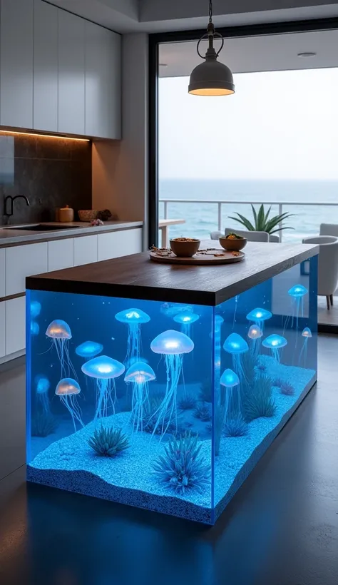  a unique kitchen island designed to resemble an aquarium filled with jellyfish.
Details:
Island Design:
The island has a dark wooden countertop and a transparent resin base that encases the jellyfish display. The resin beautifully mimics the blue hues of ...