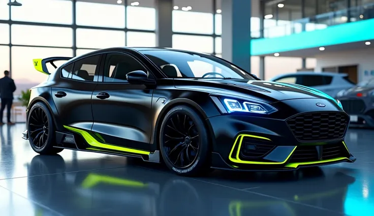 2025 Ford focus RS in black colour Create an image of a sleek, high-performance car designed for speed and agility. The car should have a futuristic, aerodynamic body with sharp lines and a glossy metallic finish. The color scheme can be a striking combina...