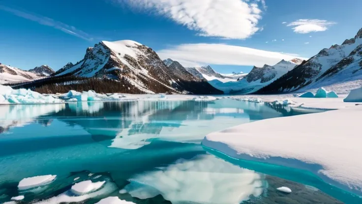 a large body of water surrounded by snow covered rocks,  winter lake scenery ,  ice lake scenery ,  ice lake scenery ,  desolate...