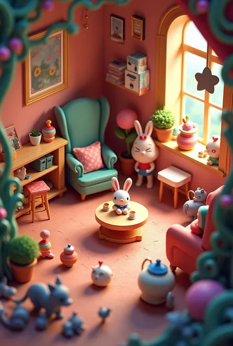 Generate an isometric rendering of a room displaying Disney objects。 "Alice in Wonderland." Make sure the representation is cute and easily recognizable. Create a cozy atmosphere through lighting, Making your compositions powerful and impactful, Reflects t...