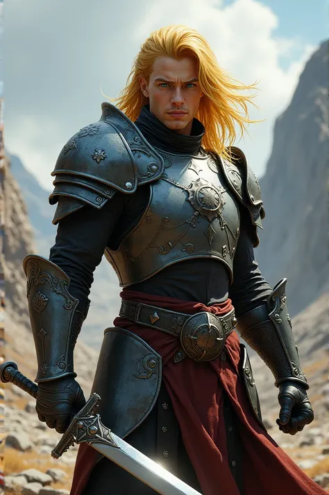 warrior, yellow hair, blue eyes, adult, armor, sword 