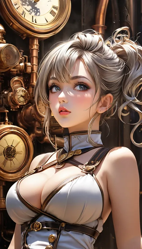 cool beauty, white shiny silky disheveled half updo, make up, amorous and lewd expression, big bouncing breasts, nudity, captivating eyes, sweat, cortesy, elegance, dignity, BREAK curvaceous, wearing dressed in a heavy (steam diesel clock) punk style milit...