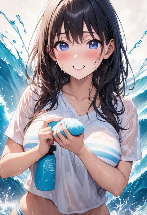 Beautiful girl 、Age 30、Best Quality、Ultra-precision、Detailed drawing、 shampoo、Covered in foam、Sharpness、Holding a sponge with your hands 、Vivid colors、 splashes、The background is blue sea、A very ecstatic expression、Slender figure、Beautiful big boobs、Stripe...