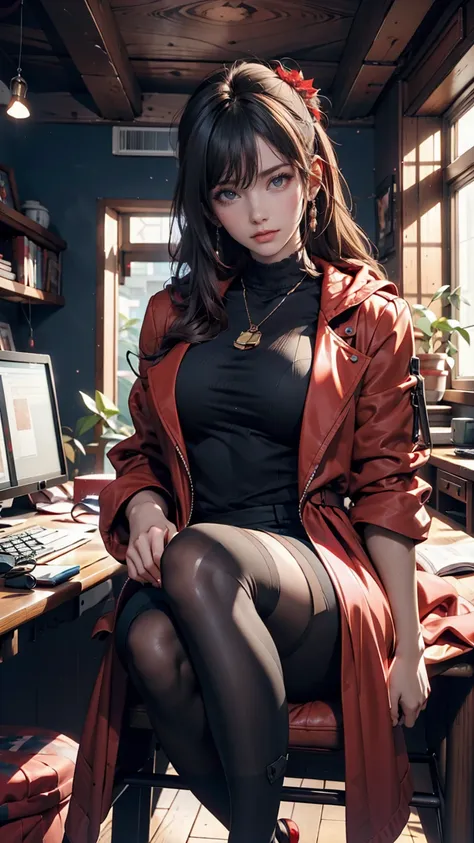 a woman in a red coat sits on a chair with a dragon, artstation popular on pixiv,  detailed anime art work,  detailed digital an...