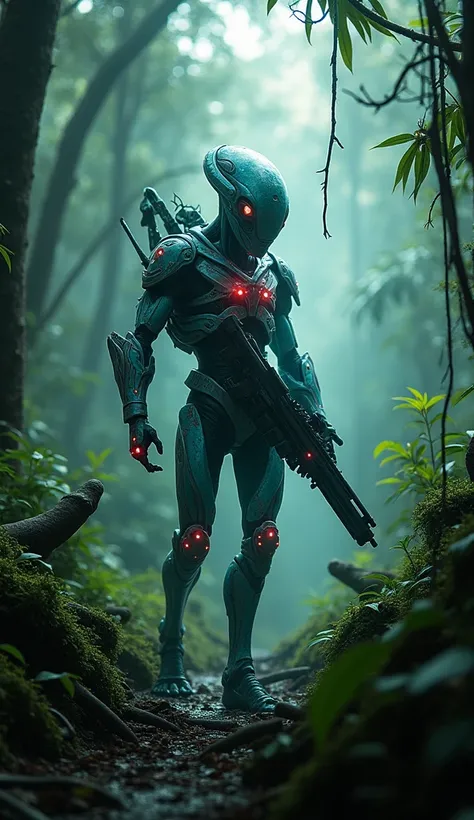 Hunter Hiding in the Tropical Forest

‘In a dark and dense tropical forest hides an alien hunters field equipped with sophisticated technology. Its skin is translucent and obscured, camouflaged by the colours of the jungle, while bright eyes keenly track i...