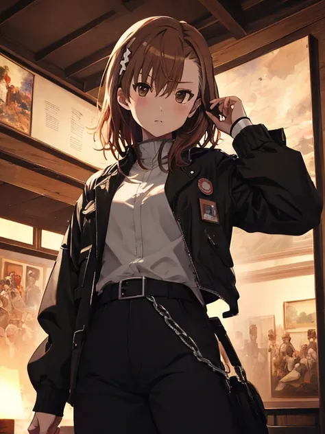  Museum in the Sky ,  cowboy shot, masterpiece:1.5, masterpiece, highest quality, (Misaka Mikoto), UHD, retina, masterpiece, accurate anatomy, textured skin, super detailed, high quality, best quality,  highres icon, 8k