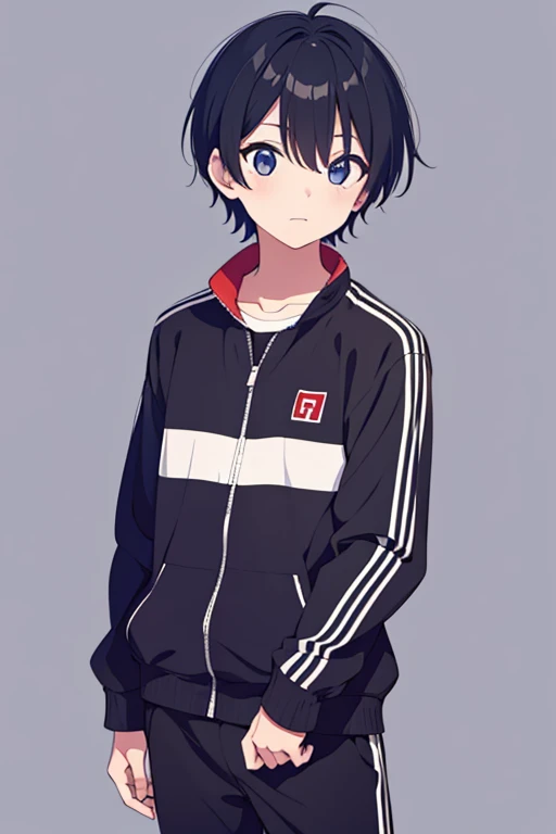 (masterpiece, best quality:1), 1boy, japanese boy, black hair, cute, simple background, standing, blue track suit, 