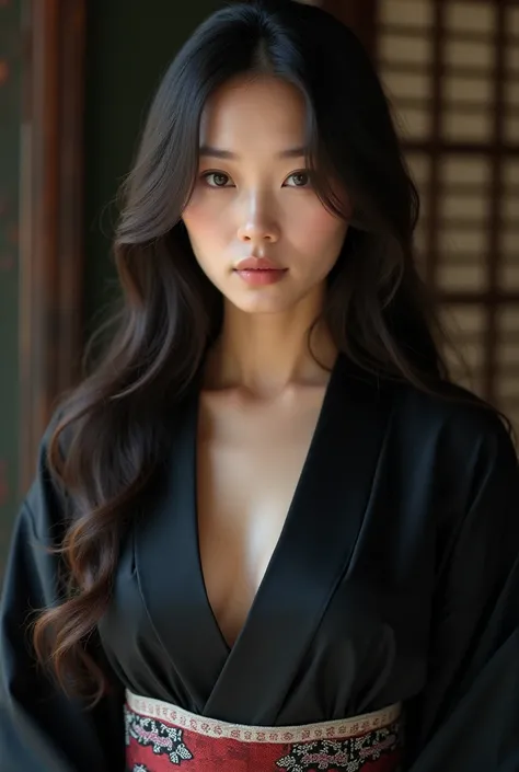 Standing , mulatto and chinese mix race, ((((pale skin)))), supermodel face, long hair,  beautiful black kimono with cleavage, close-up, UHD, retina, masterpiece, accurate, anatomically correct, textured skin, super detail, high details, high quality, awar...