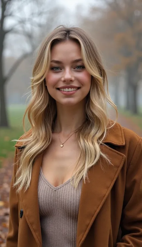 ((Long shot)) blonde girl with long waved hair, average height, D-CUP breasts, wears an casual autumn outfit in the PARK in paris on a misty day, gentle smile, perfect teeth, to create a modern and elegant look, beautiful, 8K, super detailed, realistic, in...