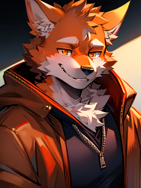 wolf beast、orange coat 、male、adult、 cool、 smiling、wearing a hoodie、high image quality、 high quality