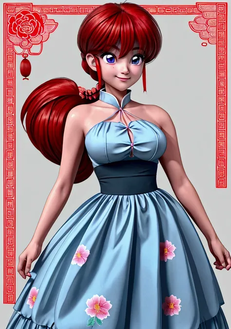 Create Female Ranma, Clear outline, Full body color photo, ( Beautiful and delicate eyes), ( pretty face:1.3), Wakakis Smiling Face , long red hair， Bangs,  blue-gray eyes ,  big eyes， Chubby  ，(Chinese Hansel :horse face long skirt),top:  Fit Purple Chiff...