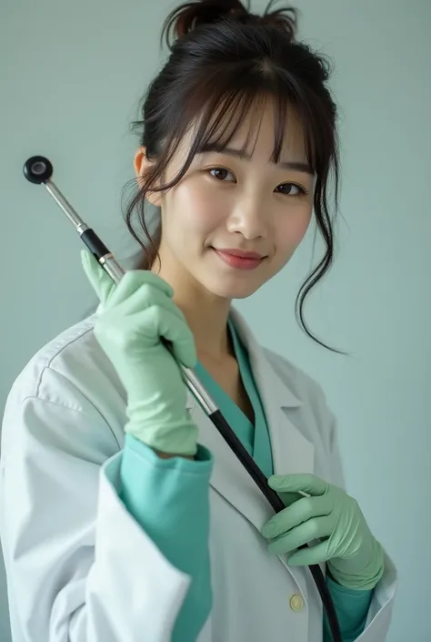  looks young and beautiful , Japanese girl dentist, Completely naked, Knee-length shiny stylish hunter rain boots, Egg-colored latex gloves,Holding the endoscope in your hand
