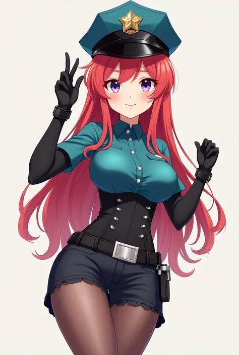 Full-body protrait illustration of a stylized anime-style female character in a playful, confident pose. She has long, flowing red hair with soft highlights, expressive purple eyes, and a mischievous smile. She is wearing a fitted, police-inspired outfit w...