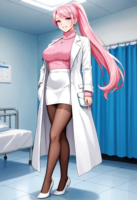 score_9, score_8, score_7, source_  animated, 1mature_FE, only 1 woman, smile,  Pink hair, long ponytail hair ,  bright pink eyes ,  Apollo pink sweater ,  Long sweater , Doctors white coat ,  black lace tights, short skirt, white skirt, White heels,  back...