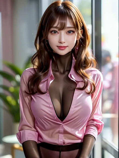 ((Best Quality、8k、masterpiece:1.3))、(Beautiful and vibrant background: 1.2), ( very detailed CG,  very detailed, Best Shadow: 1.1), ((depth of field )),(Very delicate: 1.1), (perfect details : 1.1), young woman、(pink shirt:1.3)、(pantyhose:1.3)、(pumps:1.3),...