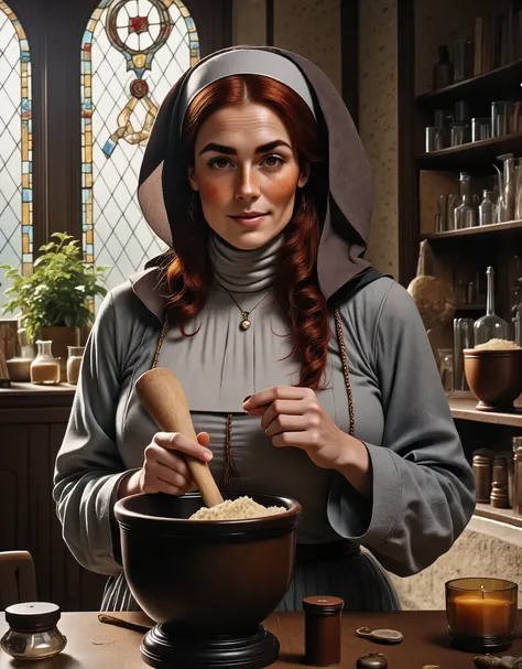 Photorealistic, cinematic style, a picture of a beautiful British woman dressed in a nuns outfit, working in a medieval monastery hospital preparing medicine. Shes using a mortar and pestle. Work table with herbs and glassware. Preparing medicine. Shes wea...